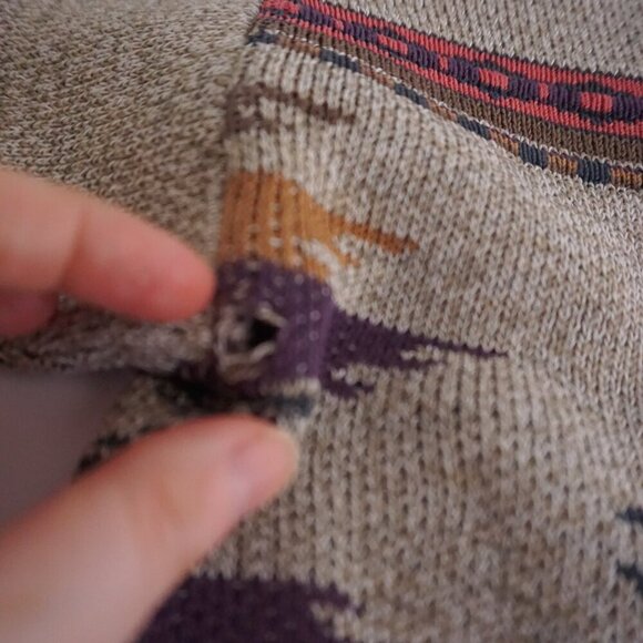 Vintage '90s London Fog Taupe Purple Aztec Cotton Crewneck Knit Sweater Large - Picture 9 of 10